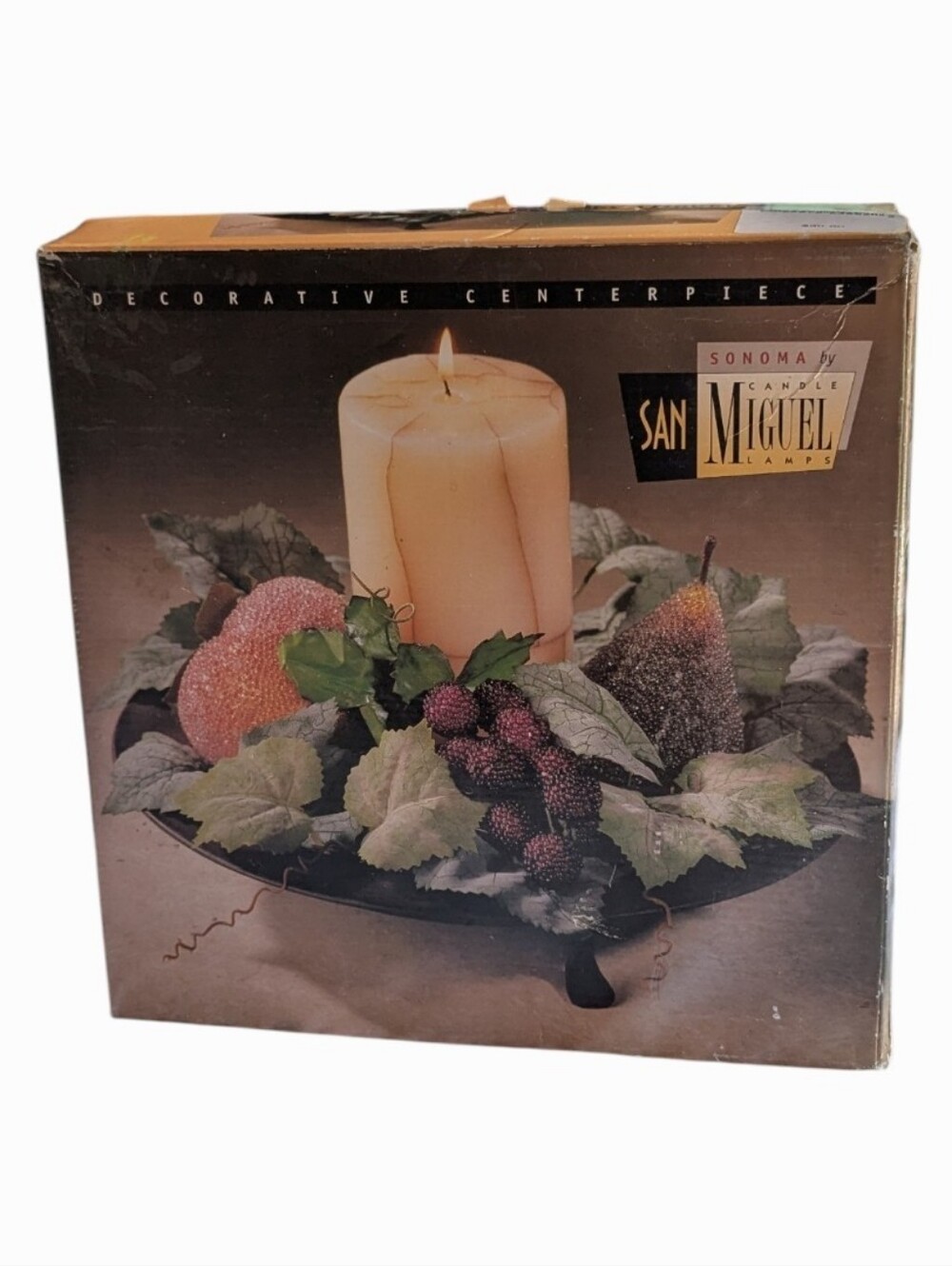 San Miguel Cream Pillar Candle Centerpiece with Faux Fruit